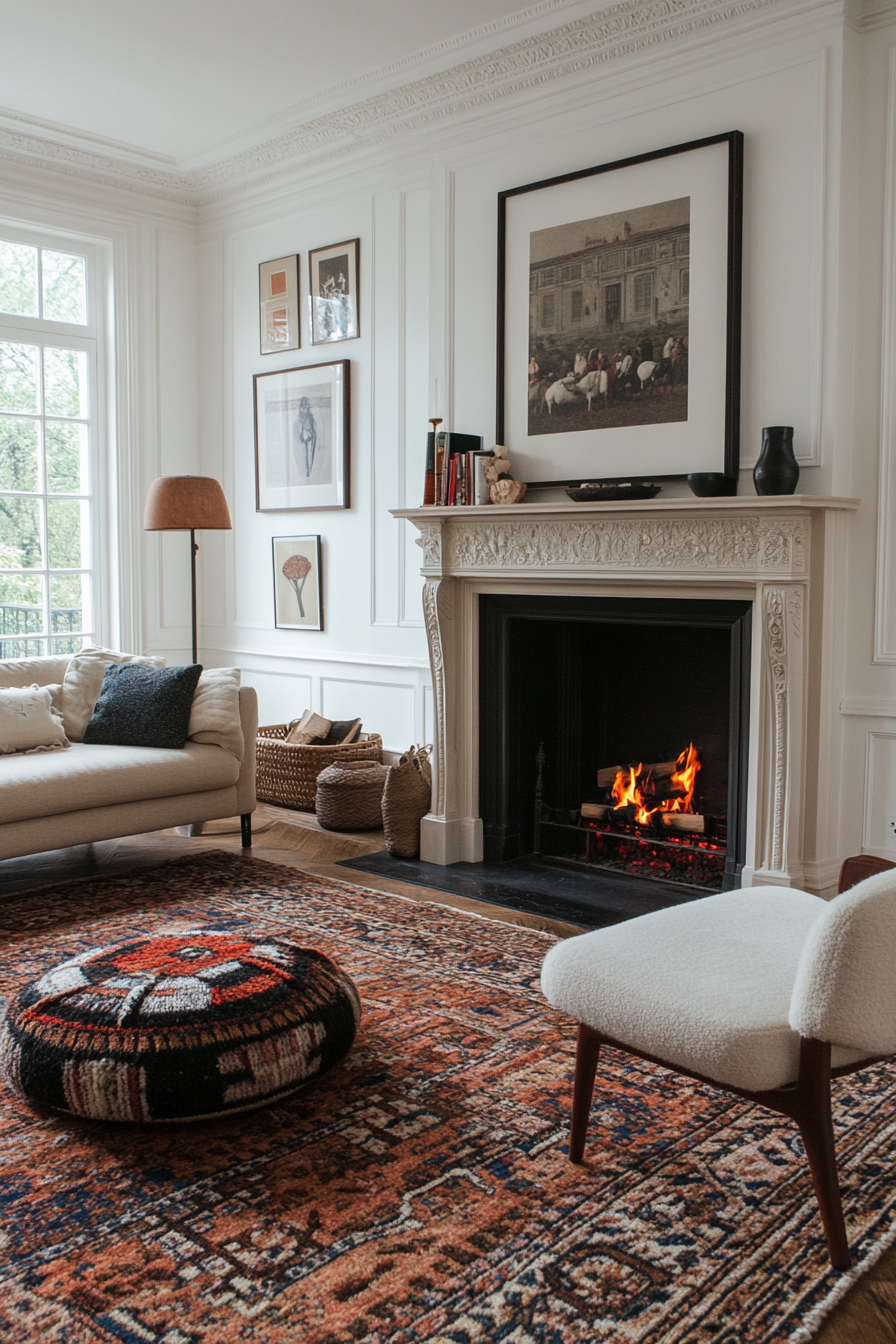Traditional wood-burning fireplace in a lounge room