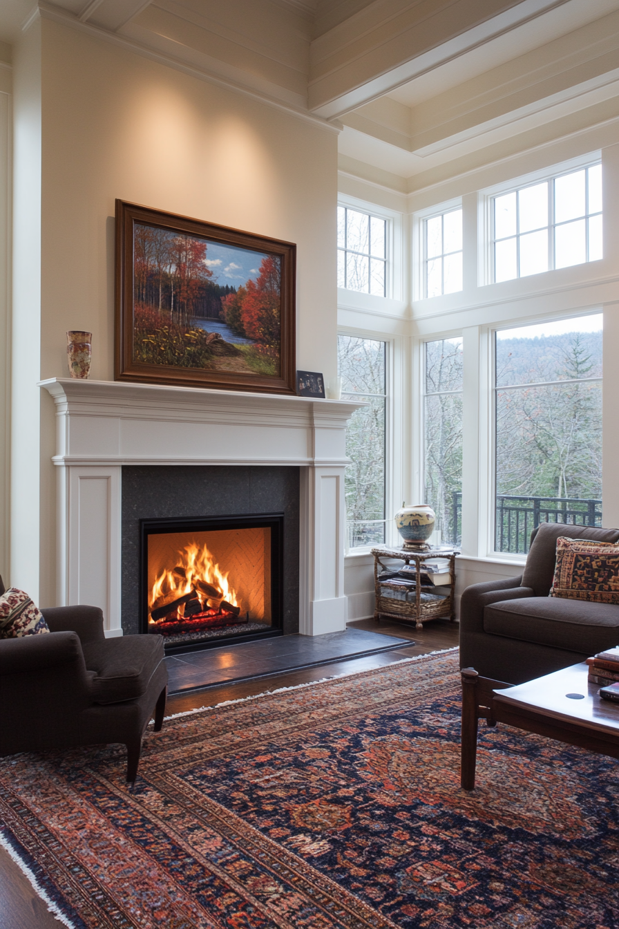 Fireplace with decorated mantel and cozy seating arrangement
