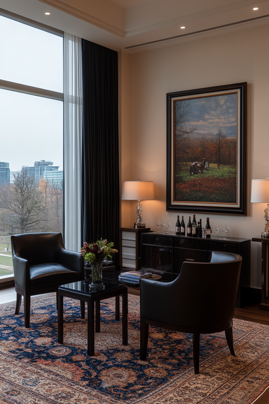 Combination of ceiling lights, floor lamps, table lamps, and wall sconces