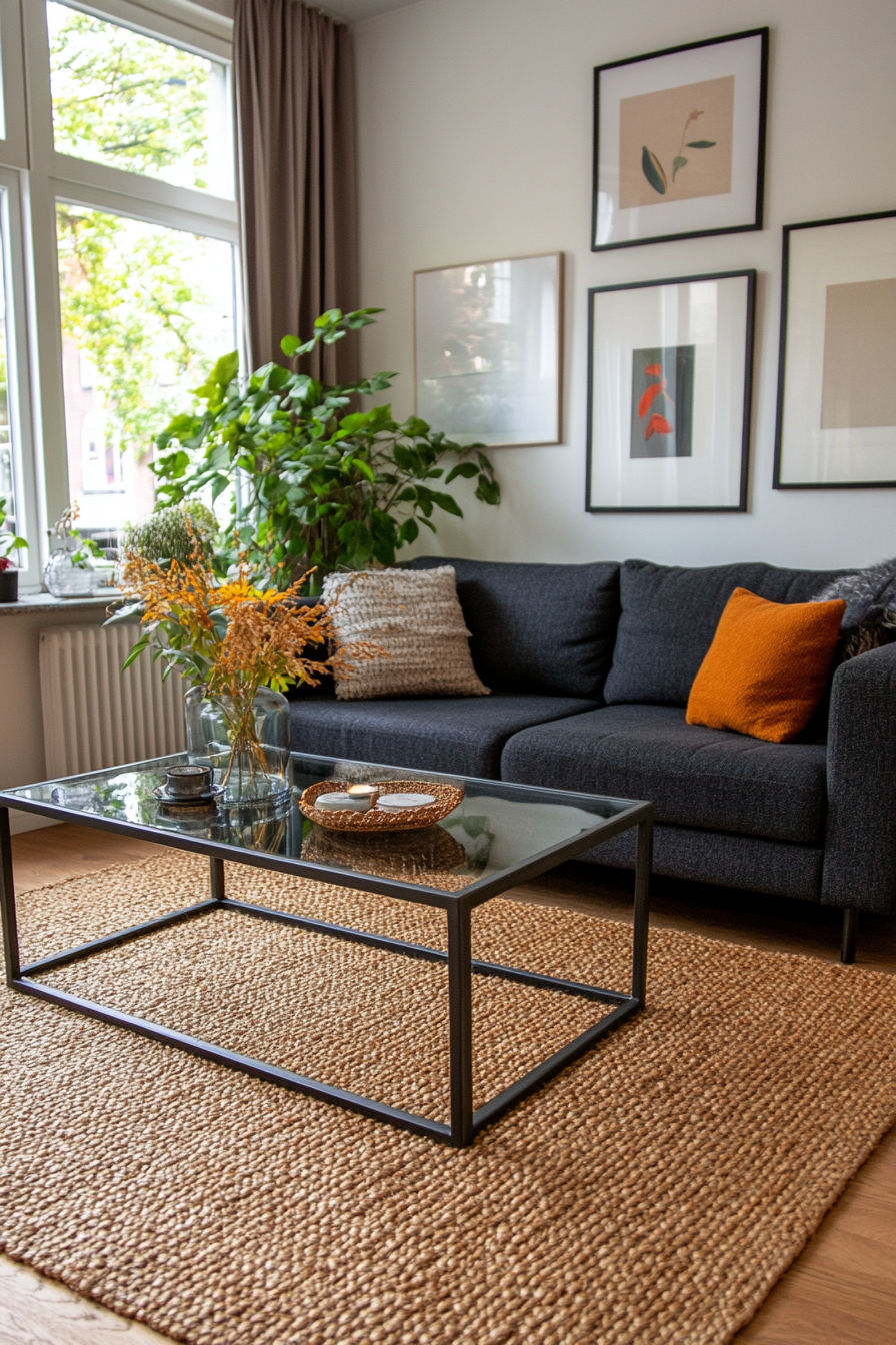 Dark grey couch with plush throw and textured pillows