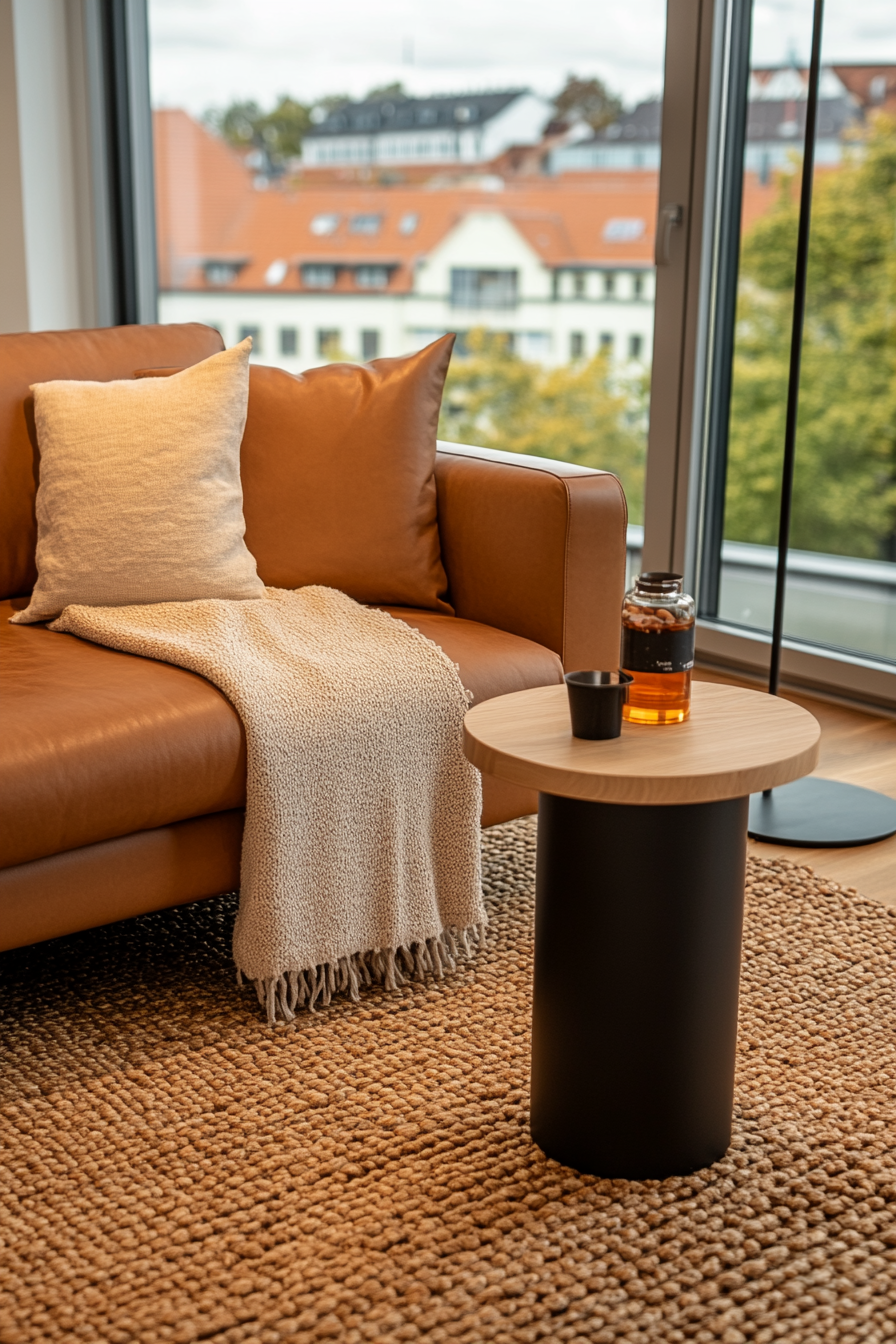 Brown leather couch in a cozy lounge room