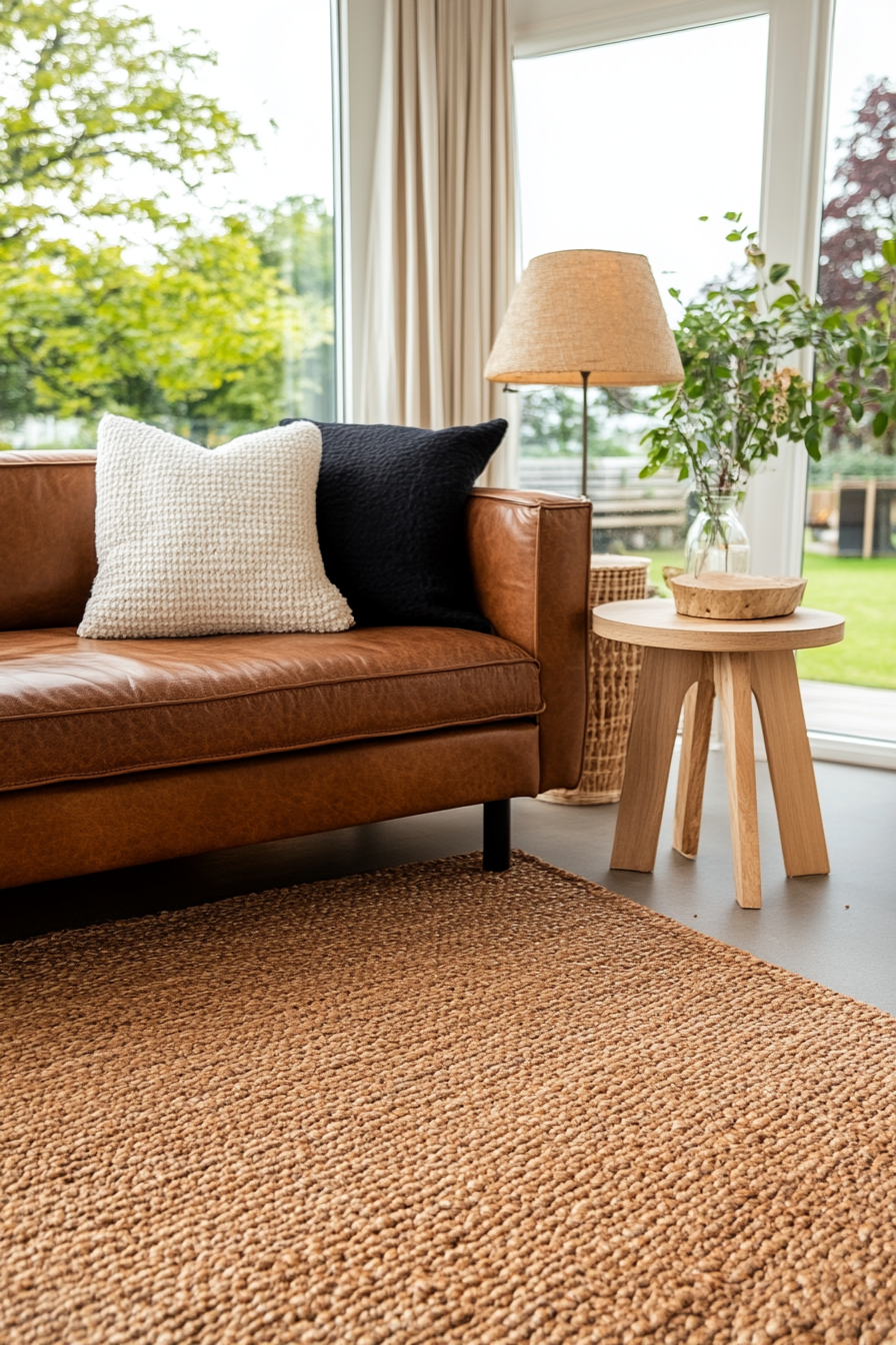 Brown leather couch with chunky knit throw and patterned cushions