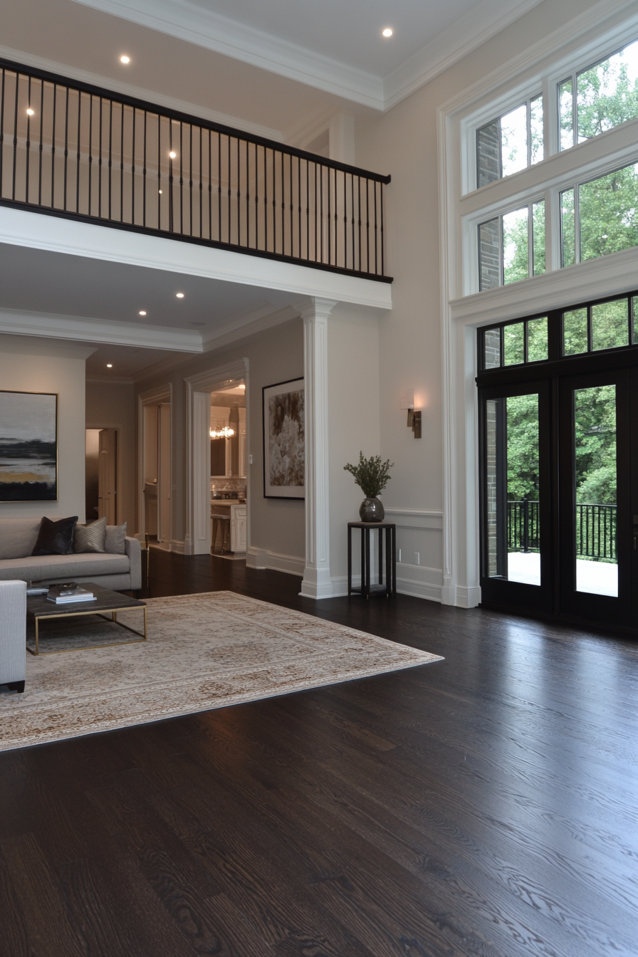 Lounge room with dark wood floors and light-colored furniture