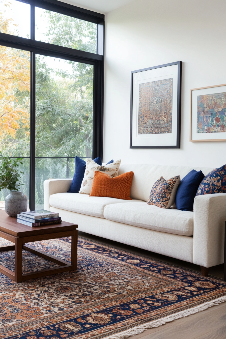 Lounge room with a bold statement rug