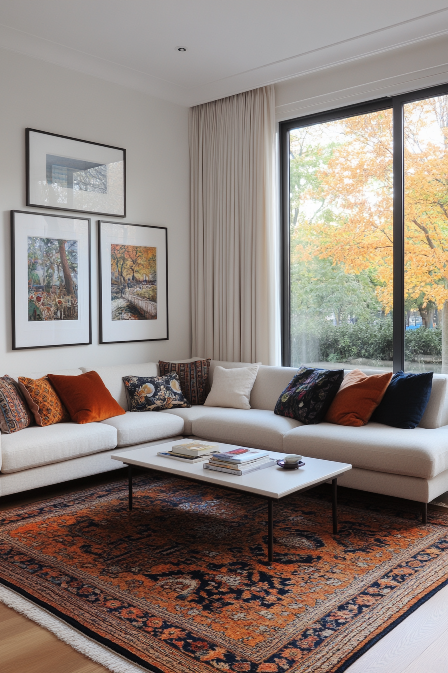 Statement rug anchoring a seating area with neutral furniture