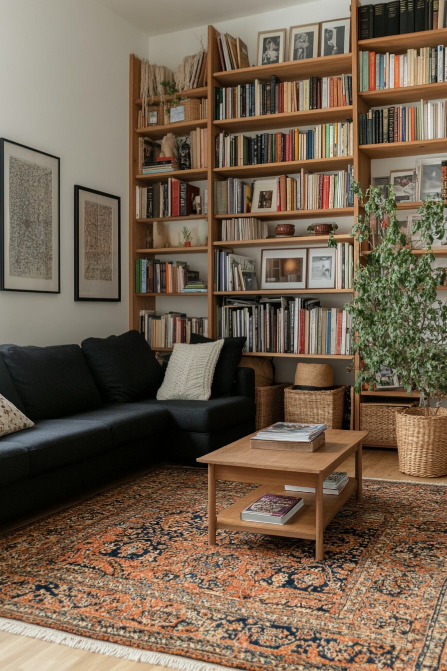 Lounge room with open shelving units