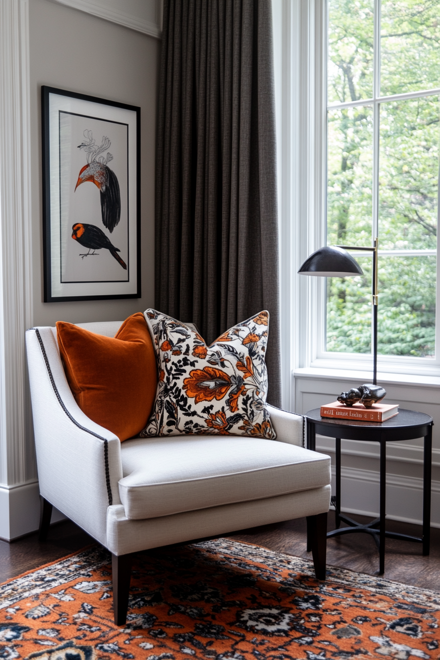 Accent chair in a cozy corner with a side table and floor lamp