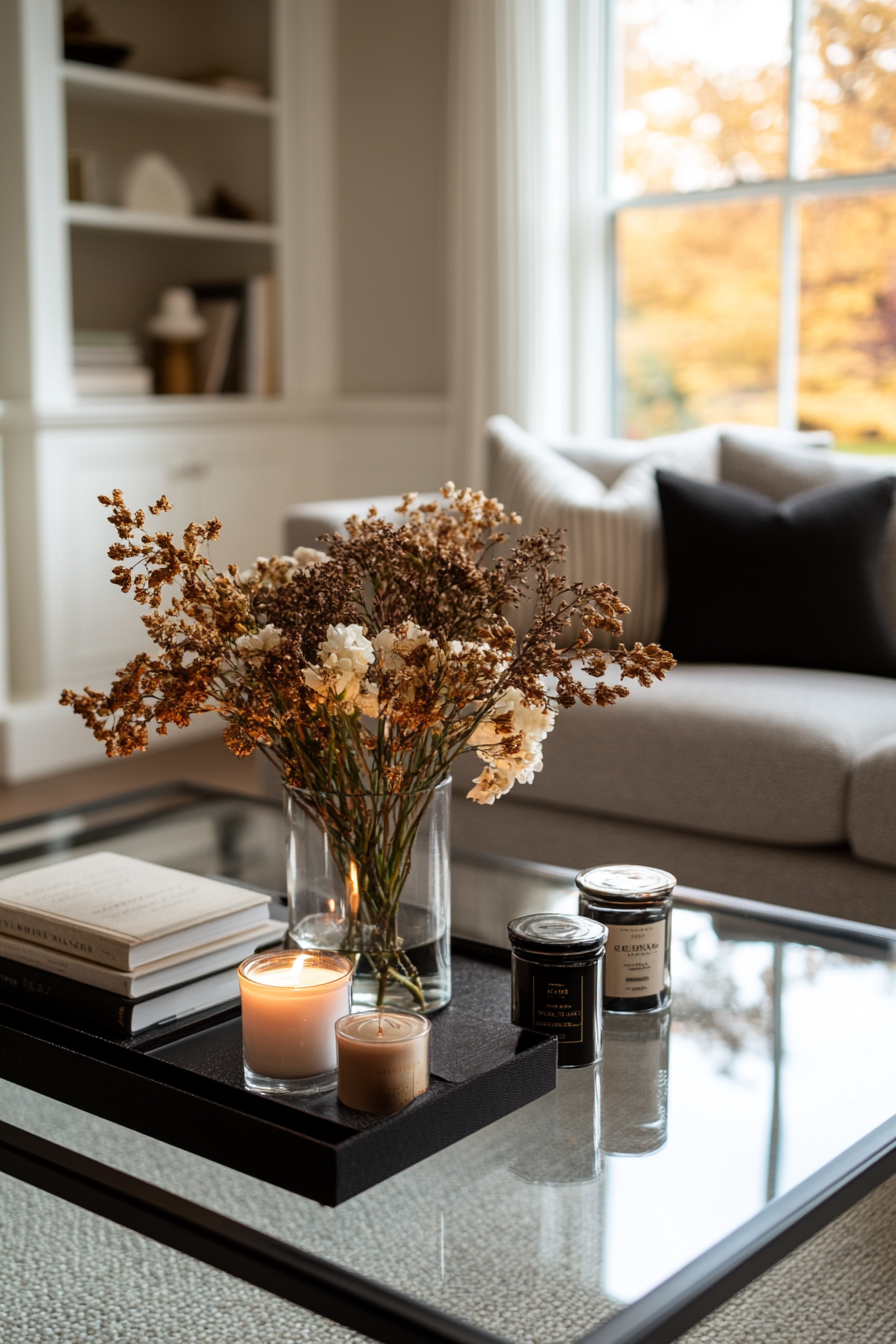 Sleek glass coffee table in a lounge room