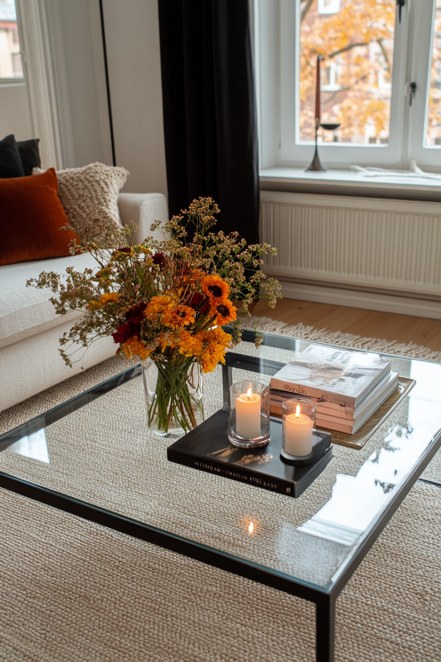 Coffee table with books, candles, and a decorative tray
