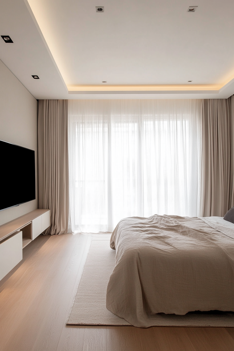Modern minimalist bedroom with neutral palette