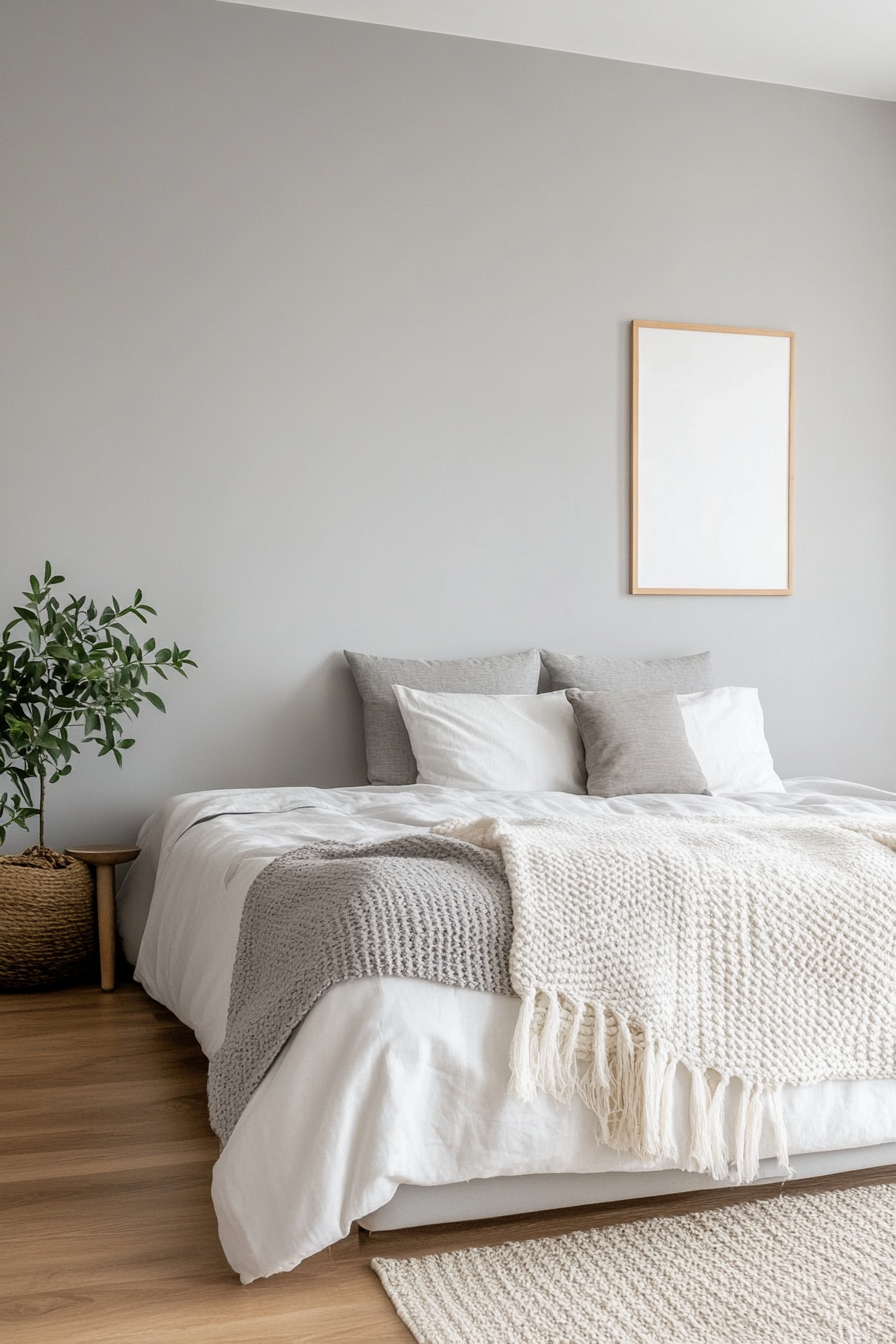 Grey minimalist bedroom with monochromatic palette