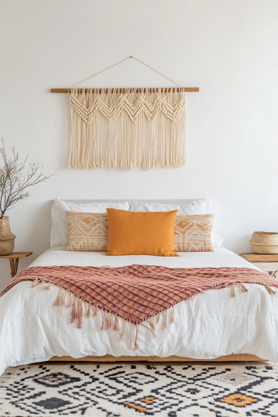 Bohemian minimalist bedroom with eclectic style