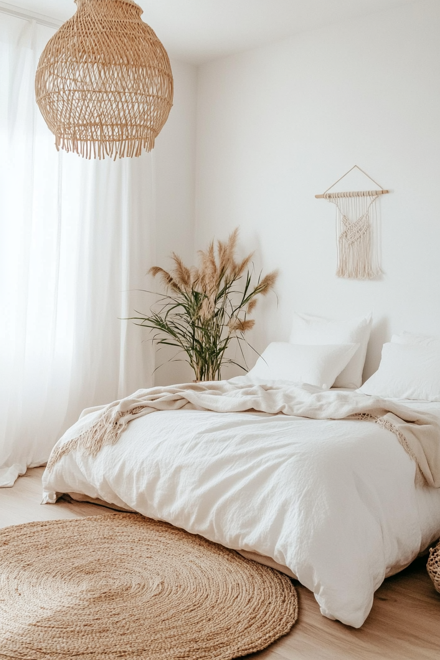 Bohemian elements in a minimalist bedroom