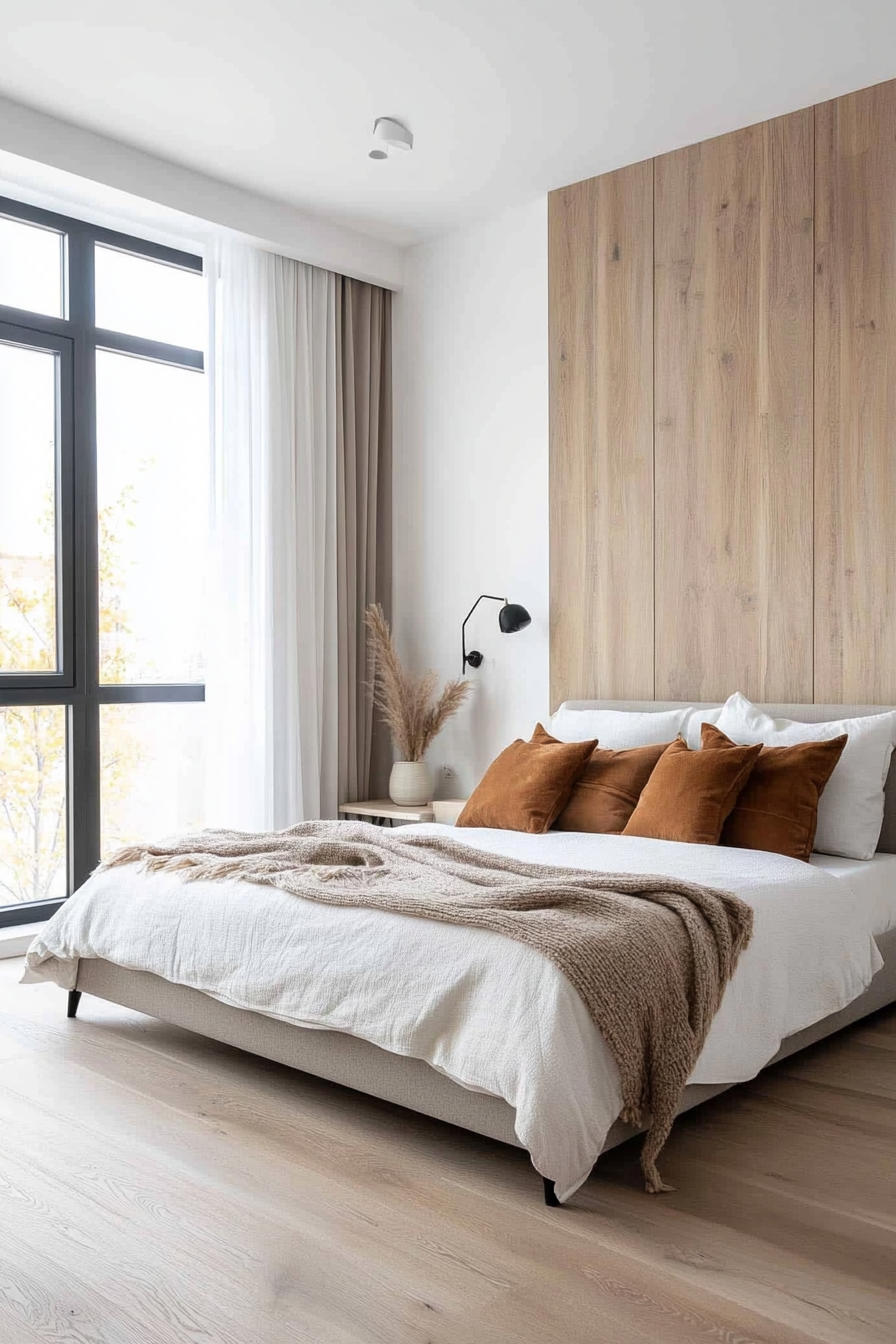 Masculine minimalist bedroom with neutral palette