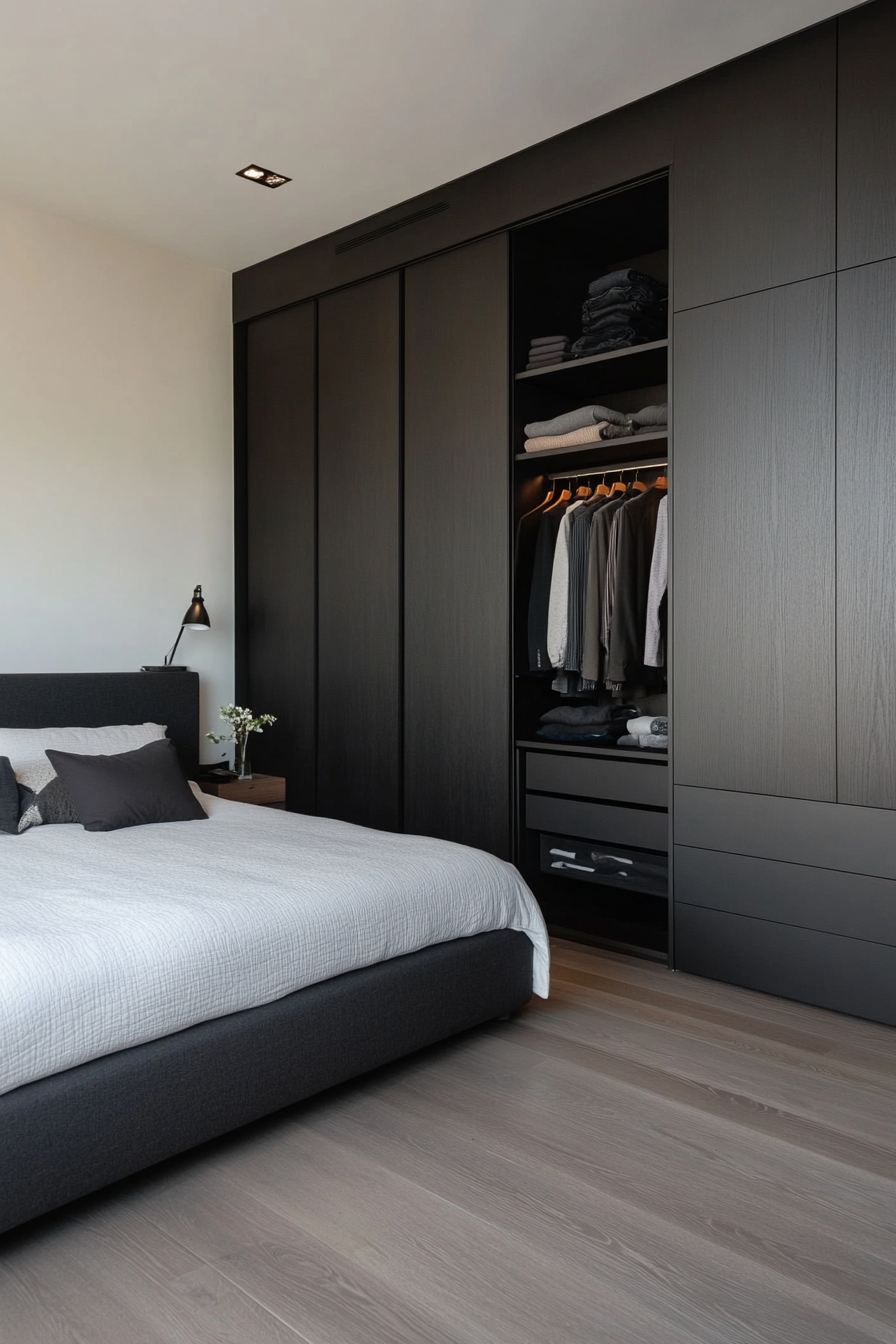 Organized storage in a masculine minimalist bedroom