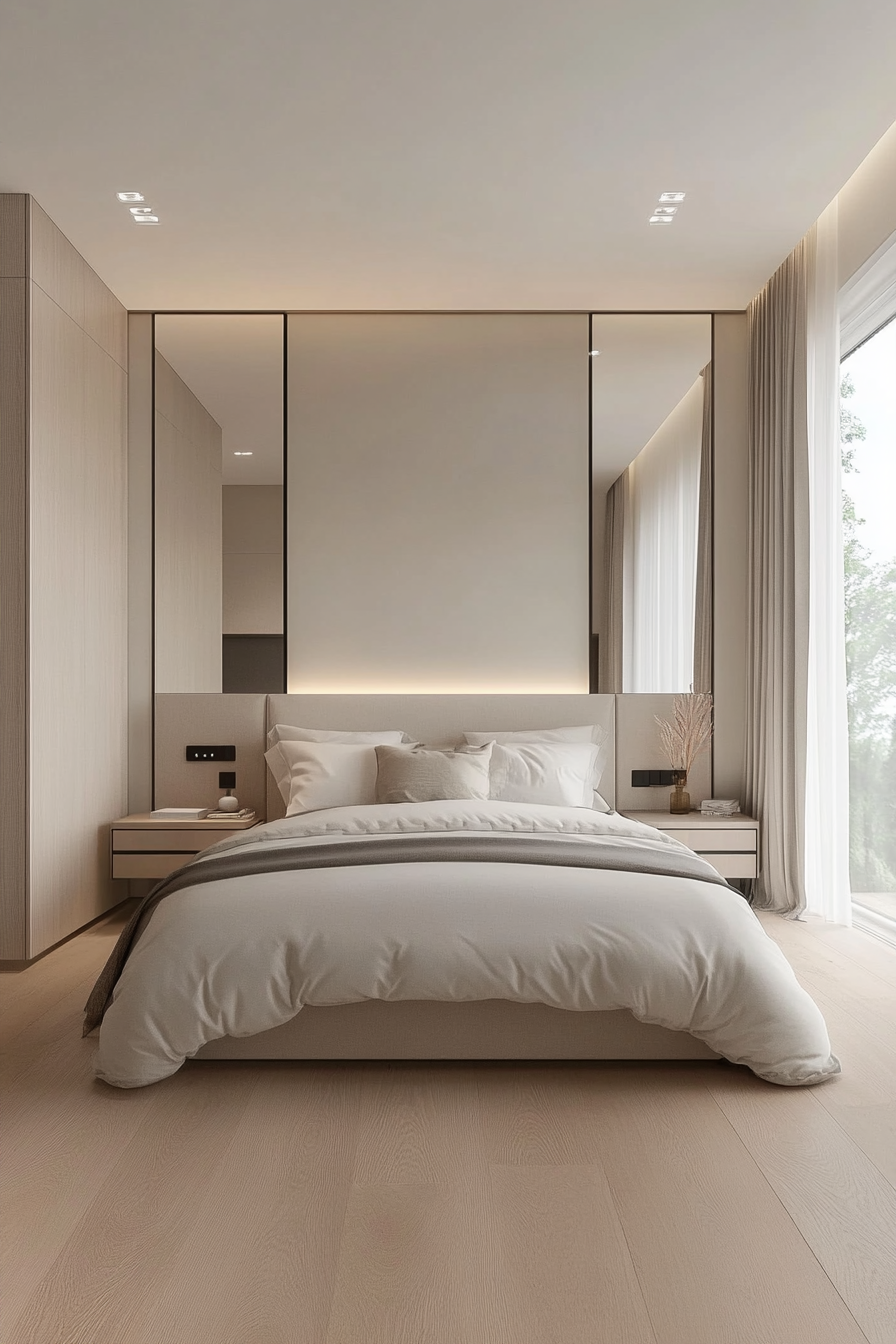 Modern bedroom with abstract art and geometric patterns