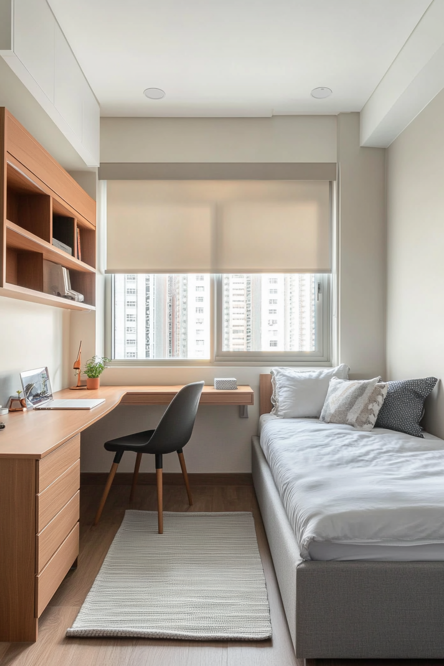 Small minimalist bedroom with multifunctional furniture