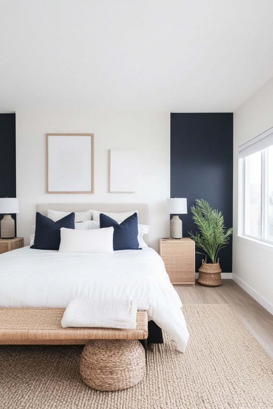Bedroom with navy blue accents and white walls