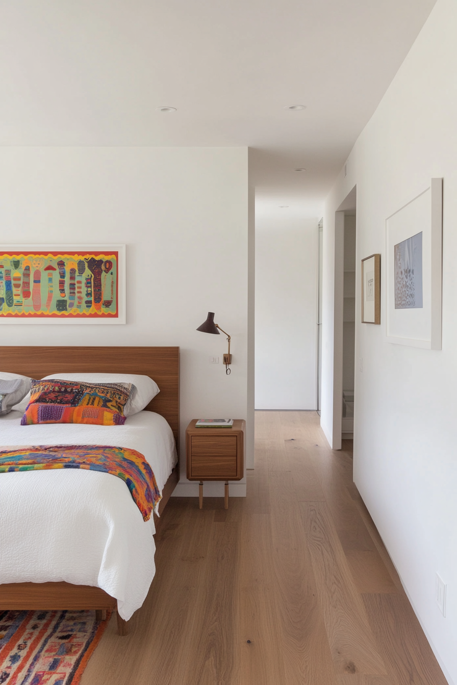 Minimalist bedroom with colorful headboard
