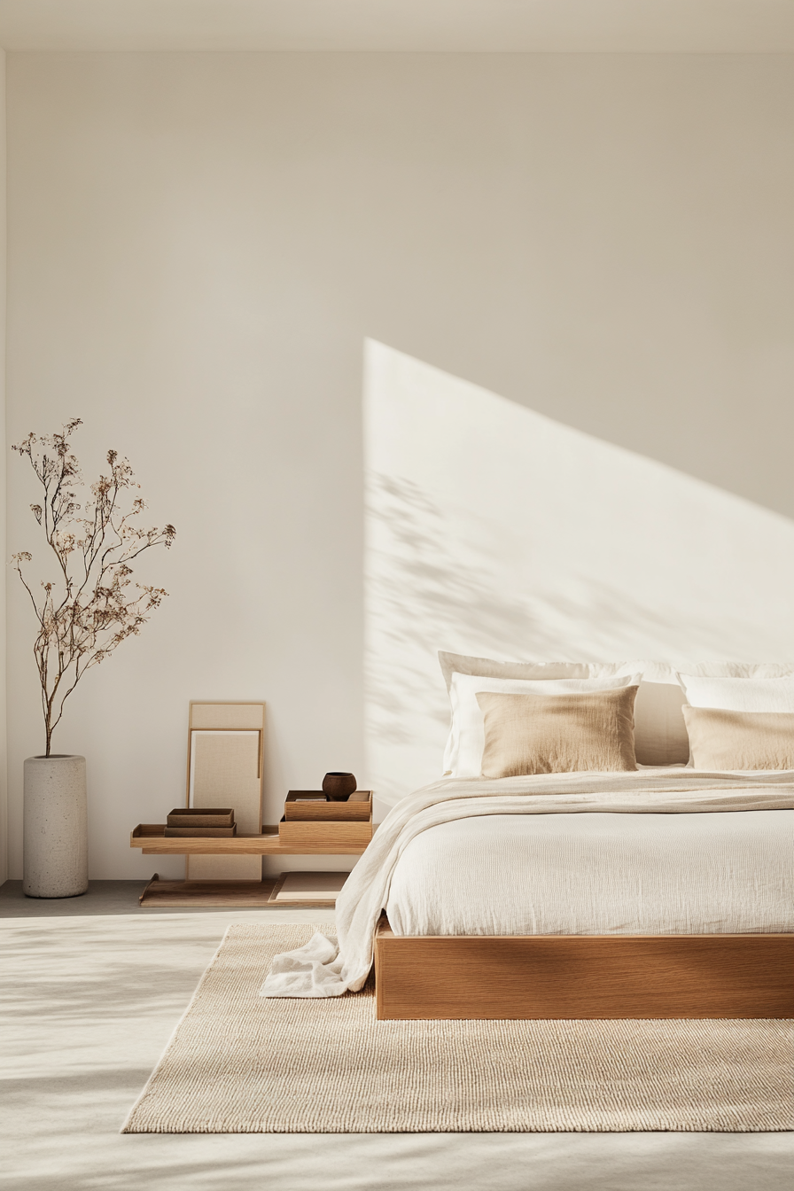Organized surfaces in a minimalist bedroom