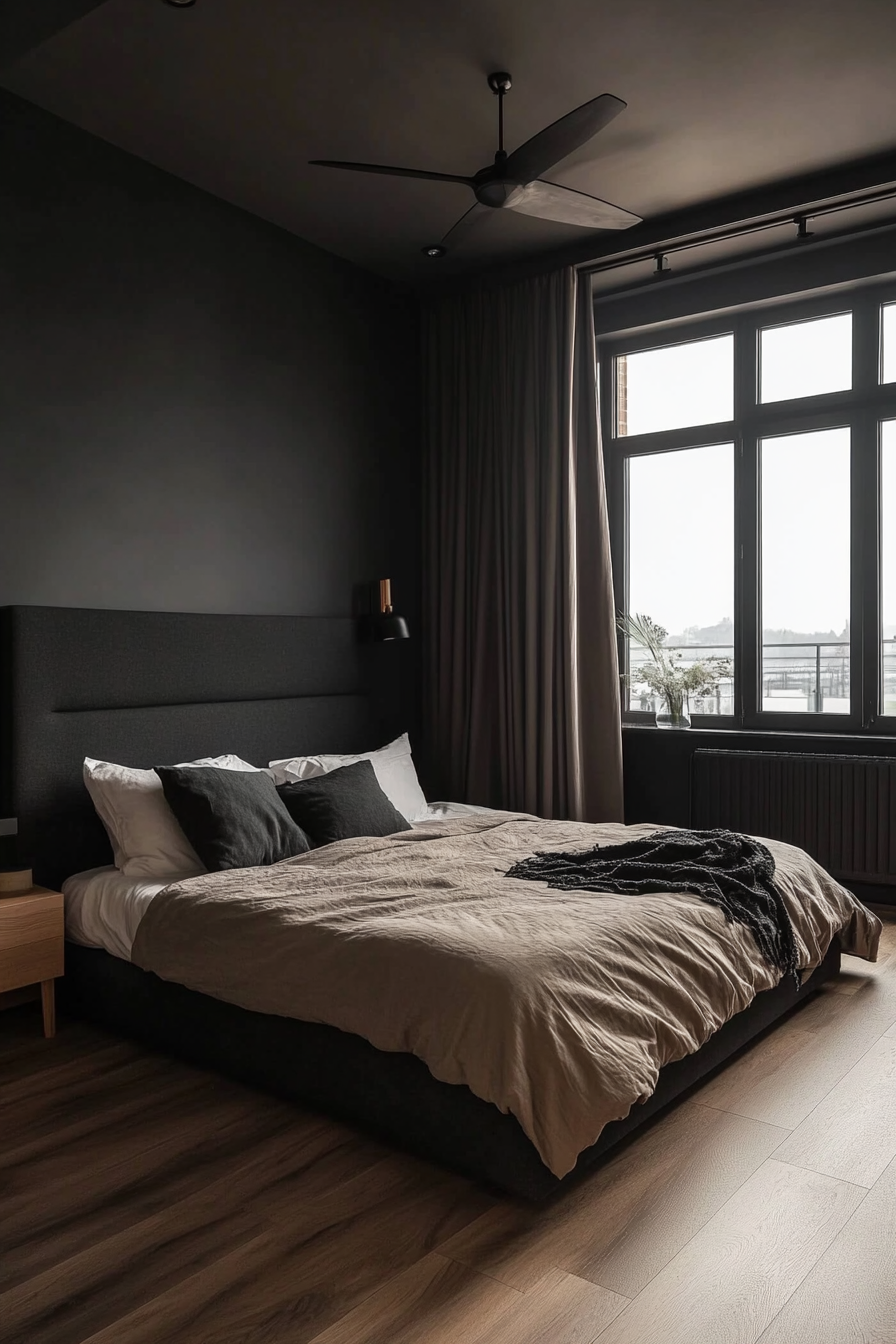 Dark minimalist bedroom with dramatic colors
