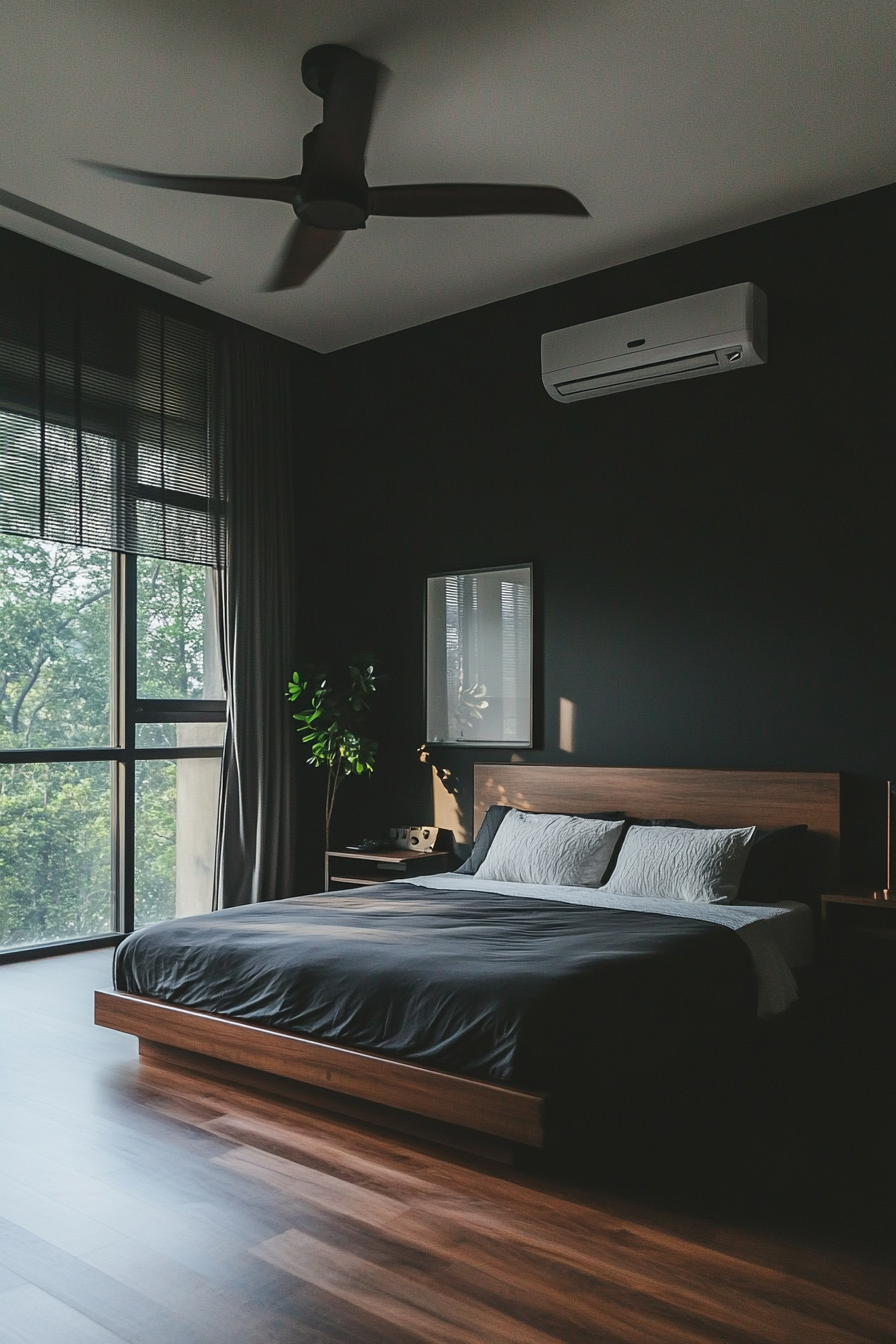 Sleek furniture in a dark minimalist bedroom