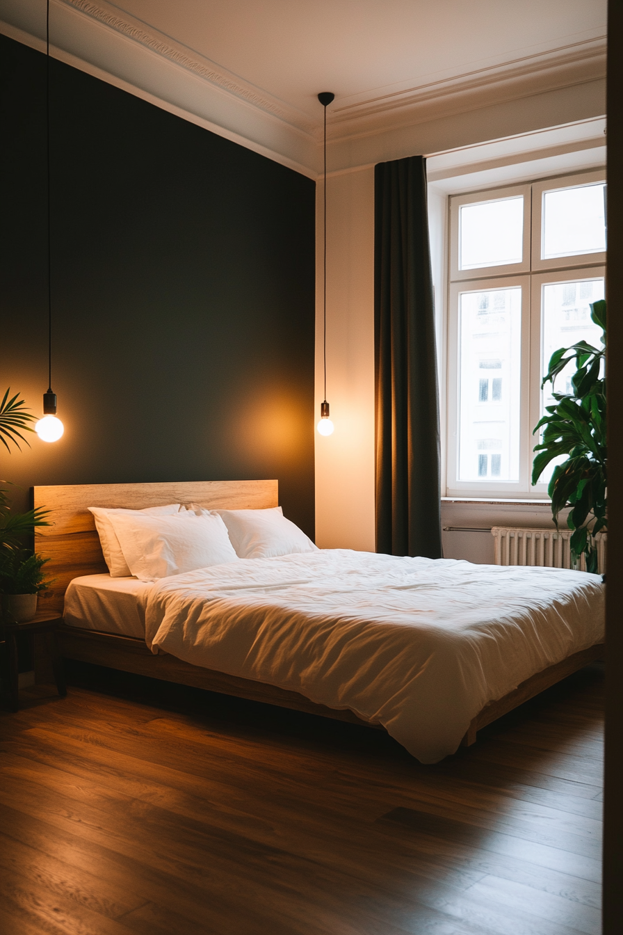 Warm lighting in a dark minimalist bedroom
