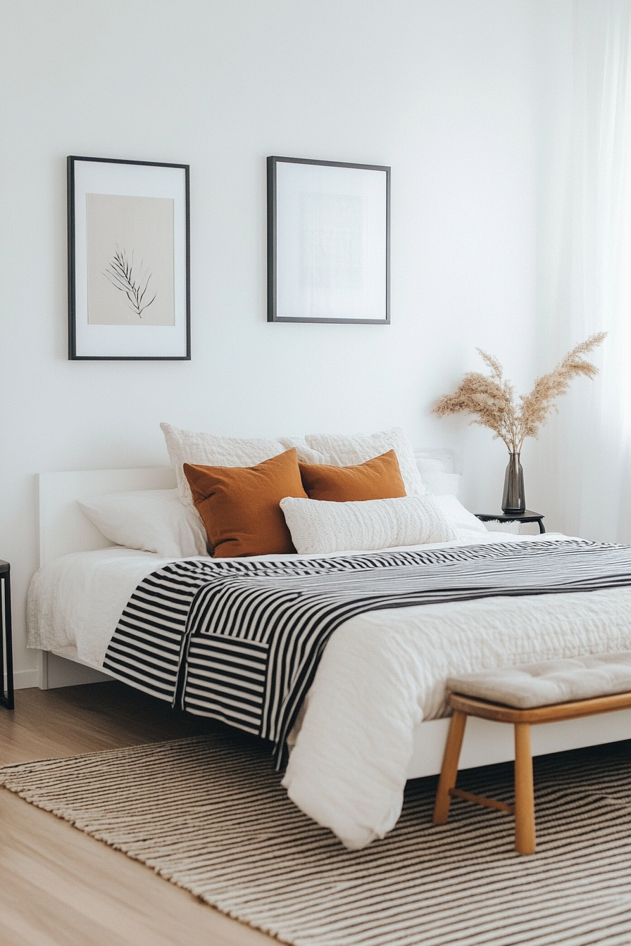 Minimalist bedroom with black and white patterns