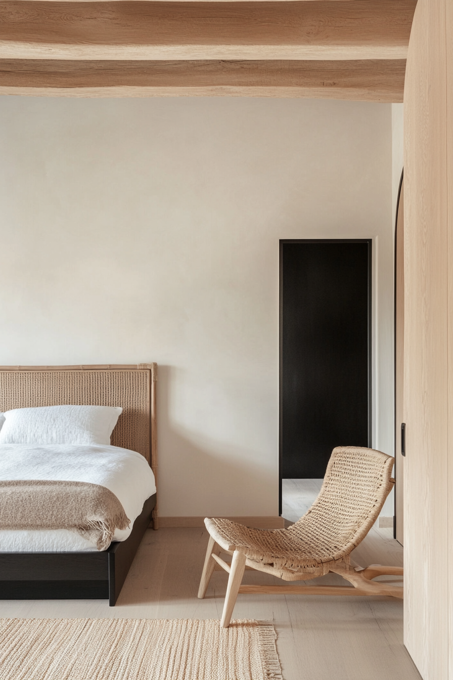 Natural materials in a black and white bedroom