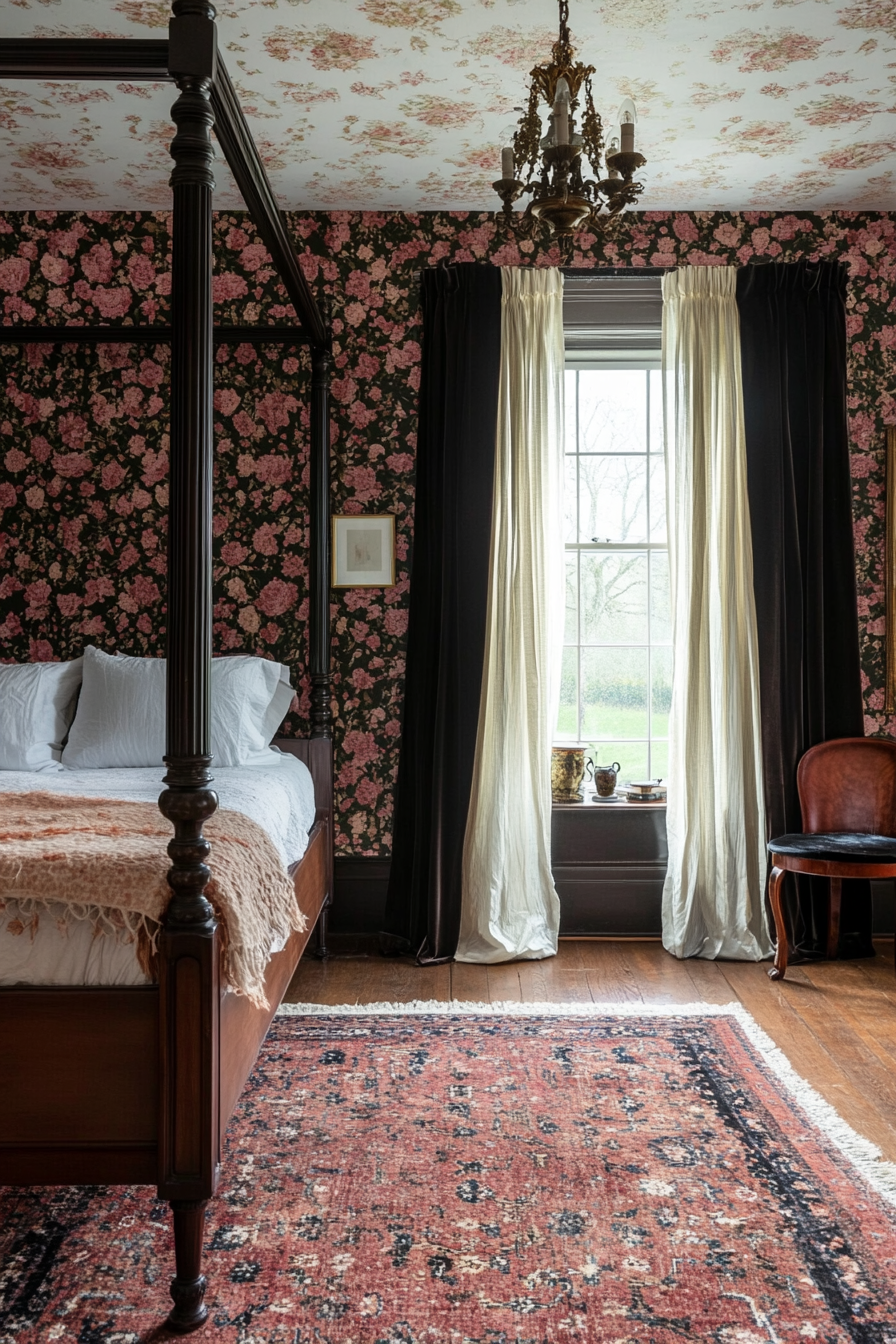 Bedroom with dramatic wallpaper and velvet curtains