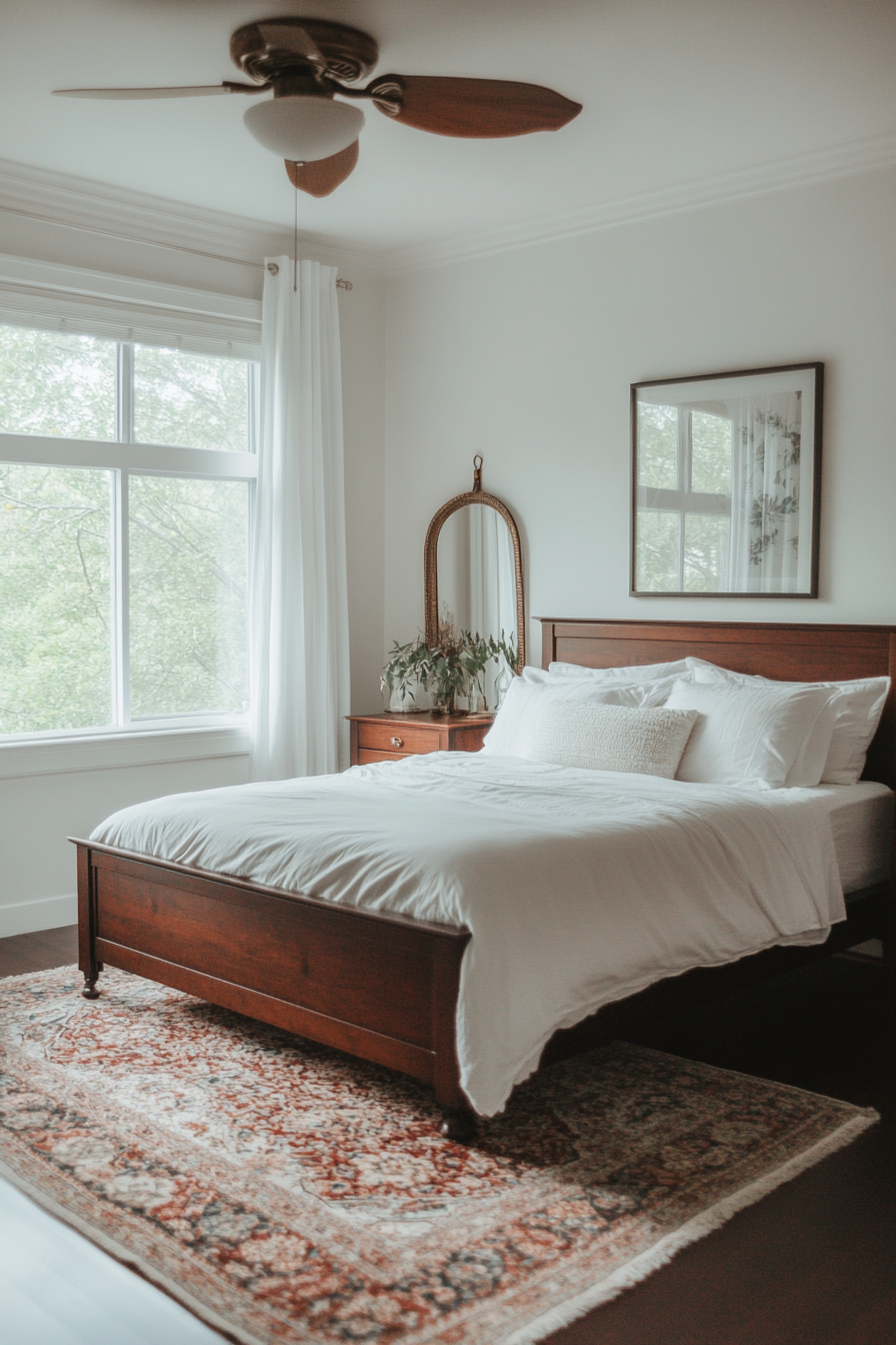 Bedroom with dark wood furniture and white linens