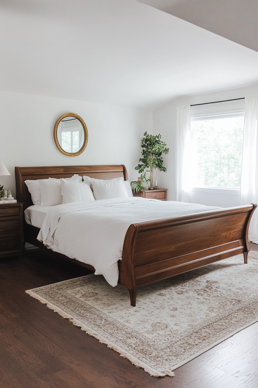 Bedroom with dark wood furniture and white linens