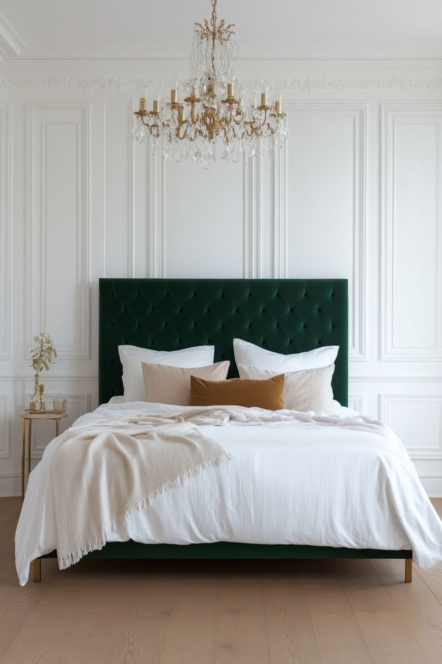 Bedroom with velvet touches and an upholstered headboard