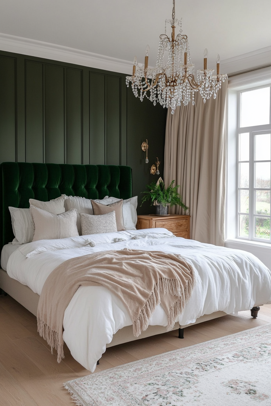 Bedroom with velvet touches and an upholstered headboard