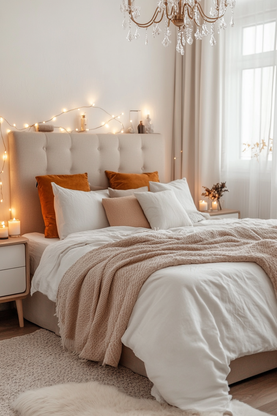 Bedroom with romantic lighting and a chandelier