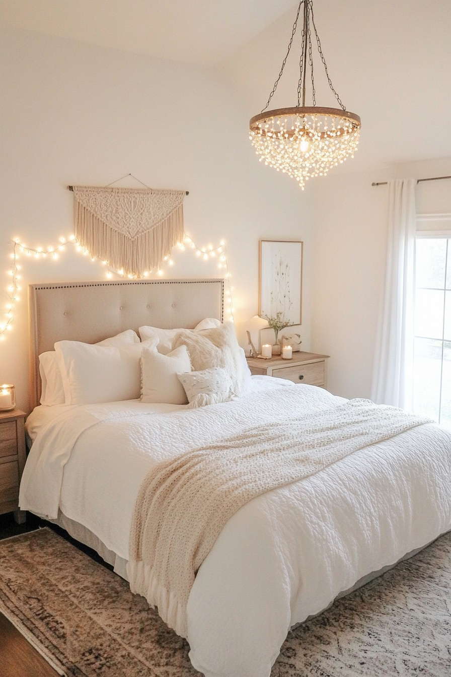 Bedroom with romantic lighting and a chandelier