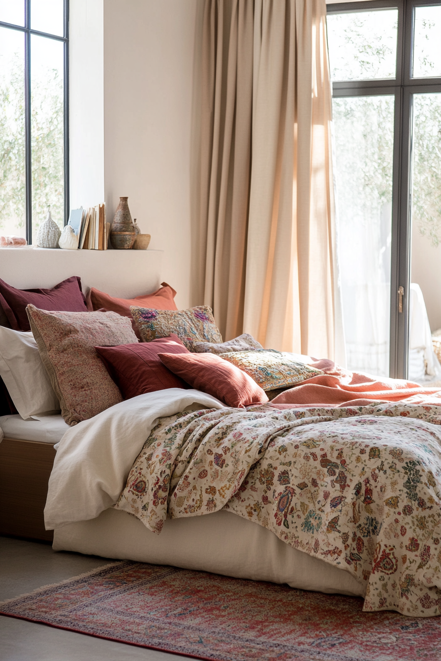 Bedroom with soft, layered textiles and heavy drapes