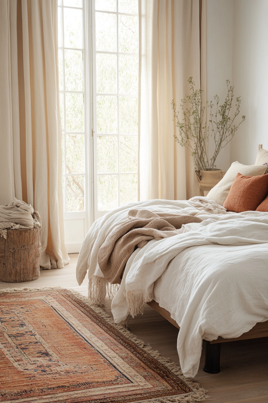Bedroom with soft, layered textiles and heavy drapes