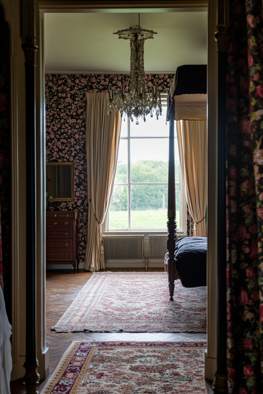 Bedroom with dramatic wallpaper and velvet curtains