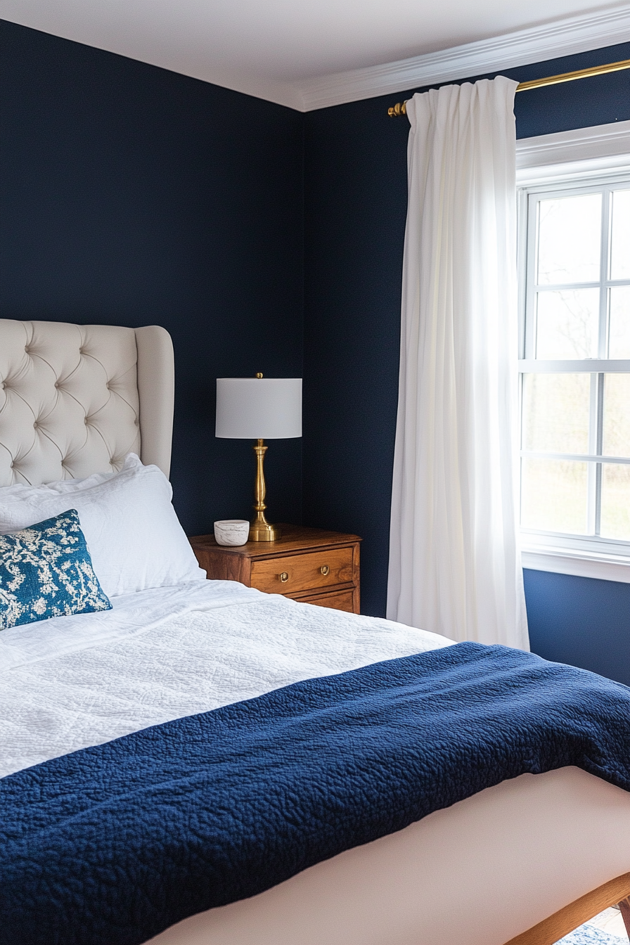 Serene blue bedroom with navy walls