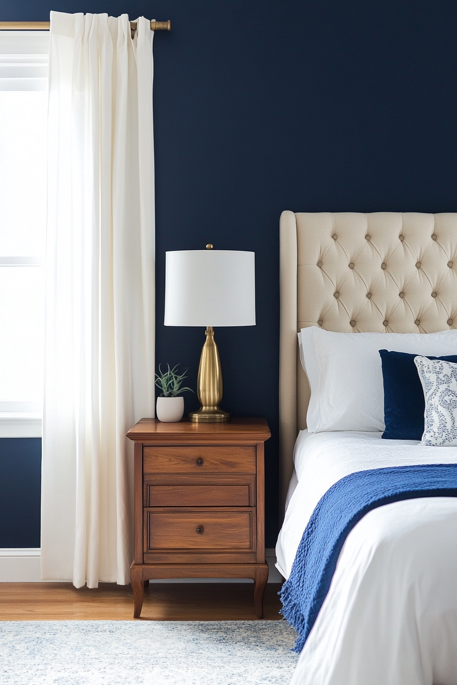 Serene blue bedroom with navy walls