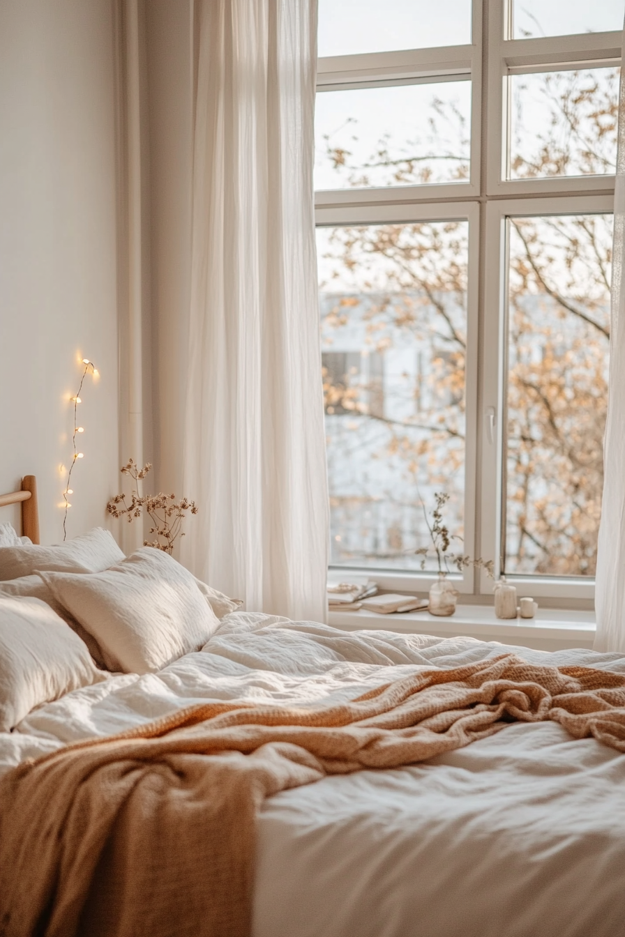 Bedroom with crisp white walls and soft linens