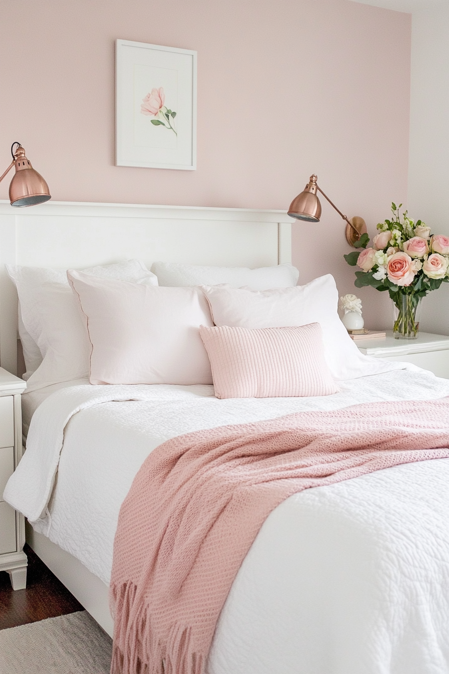 Bedroom with soft pink accents and white linens