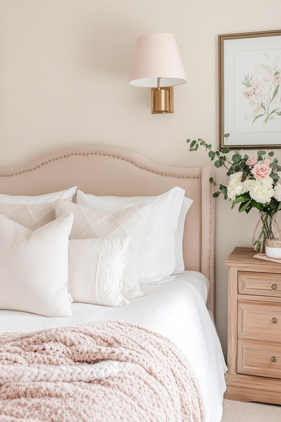 Bedroom with soft pink accents and white linens