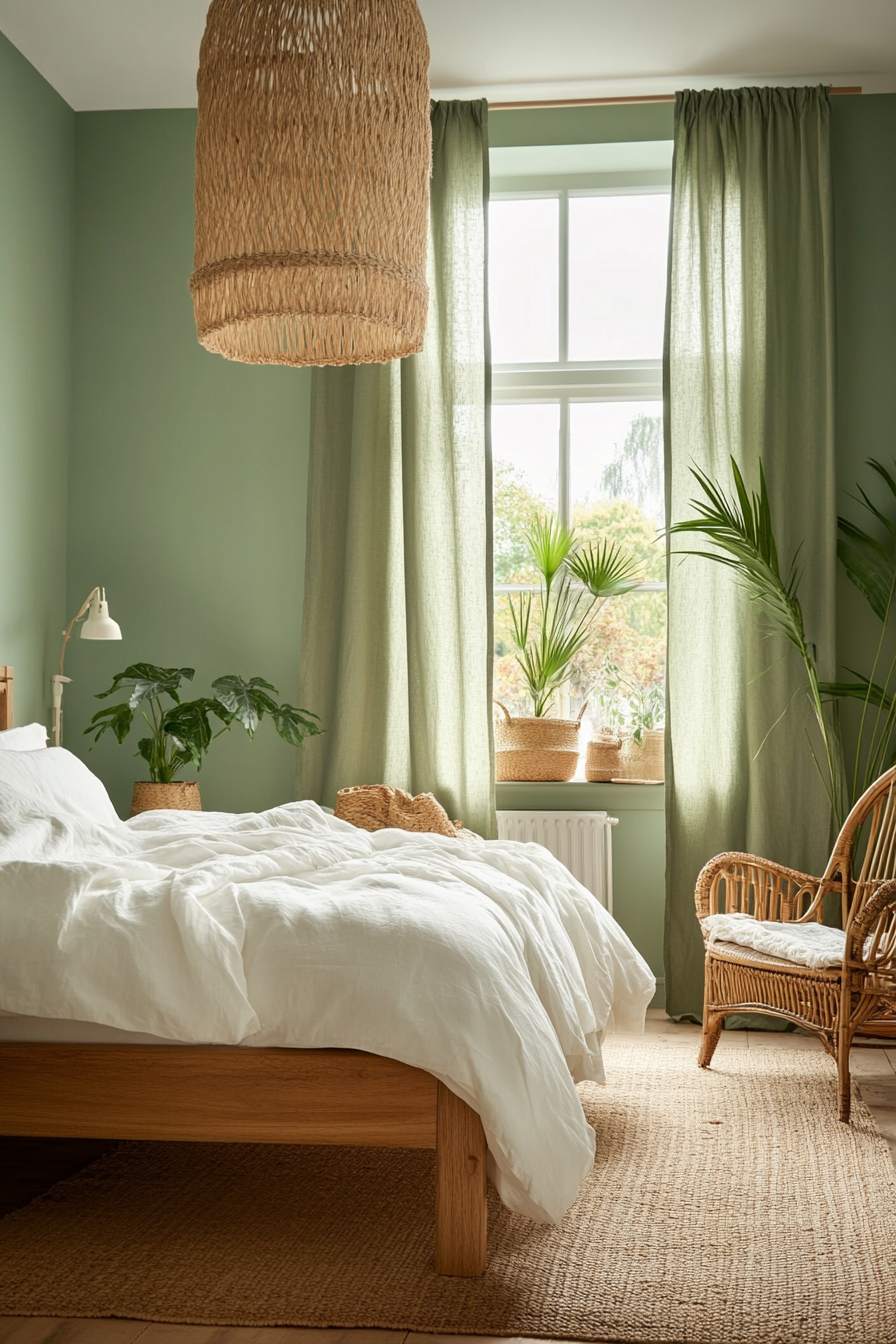 Bedroom with sage green walls and potted plants