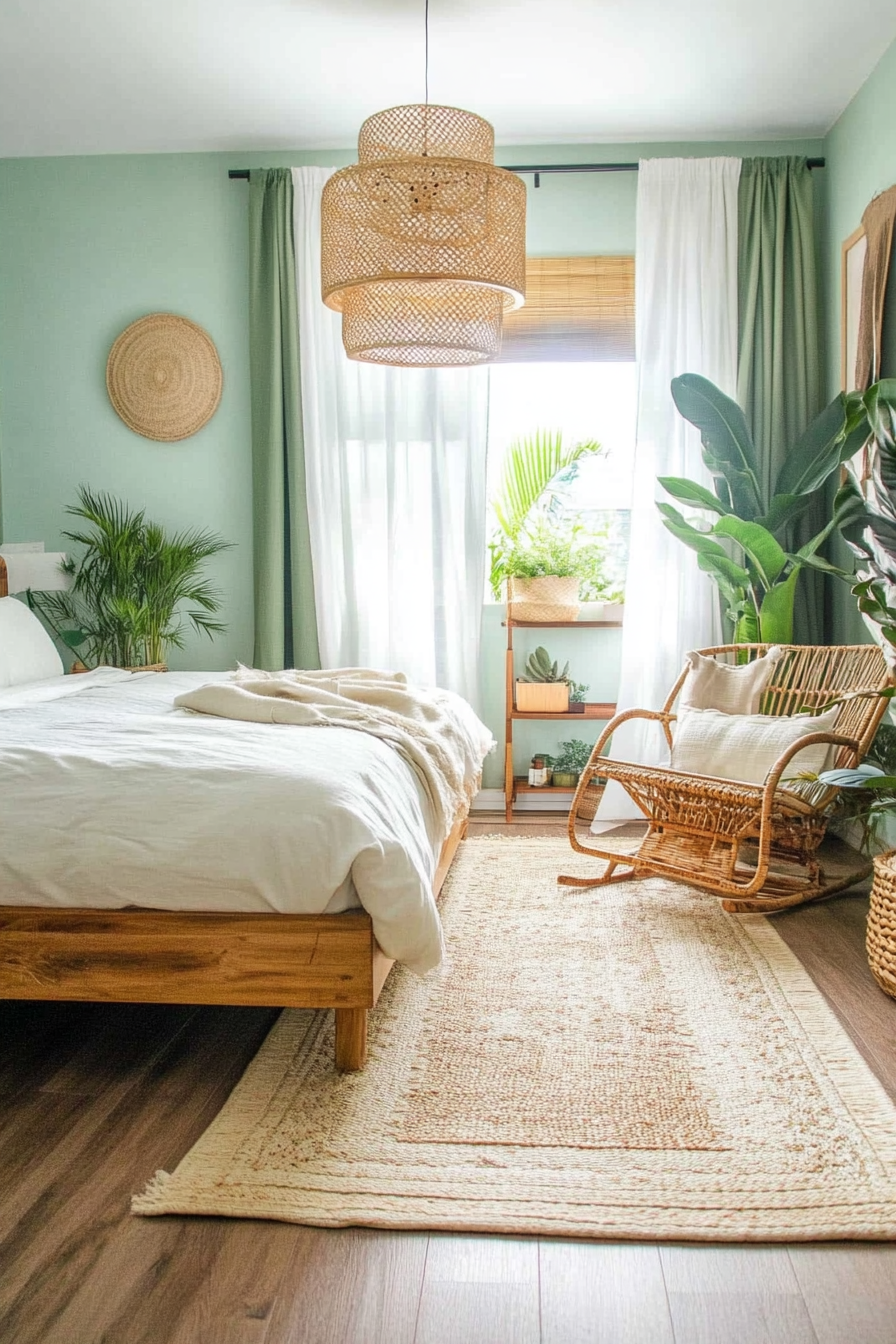 Bedroom with sage green walls and potted plants