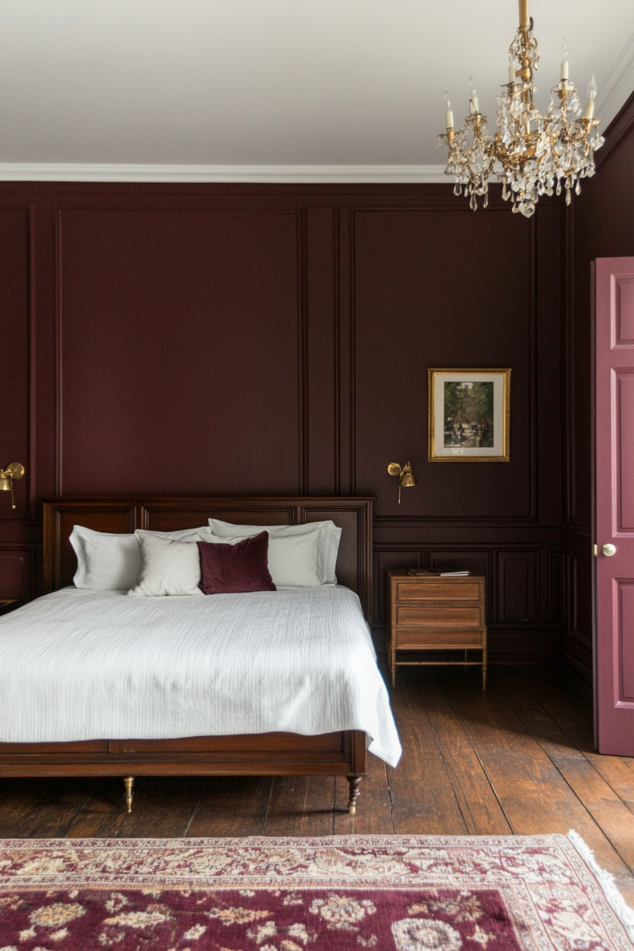 Bedroom with deep burgundy walls and gold accents