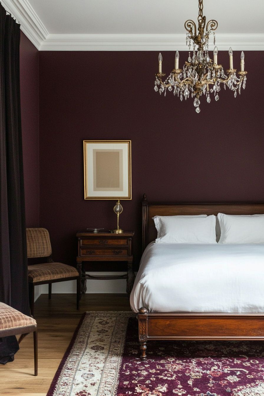 Bedroom with deep burgundy walls and gold accents