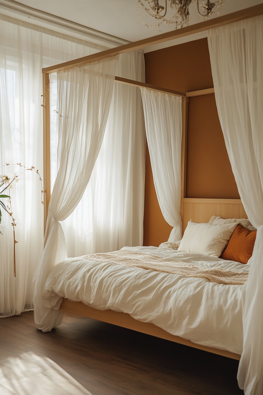 Bedroom with a luxurious canopy bed and sheer curtains