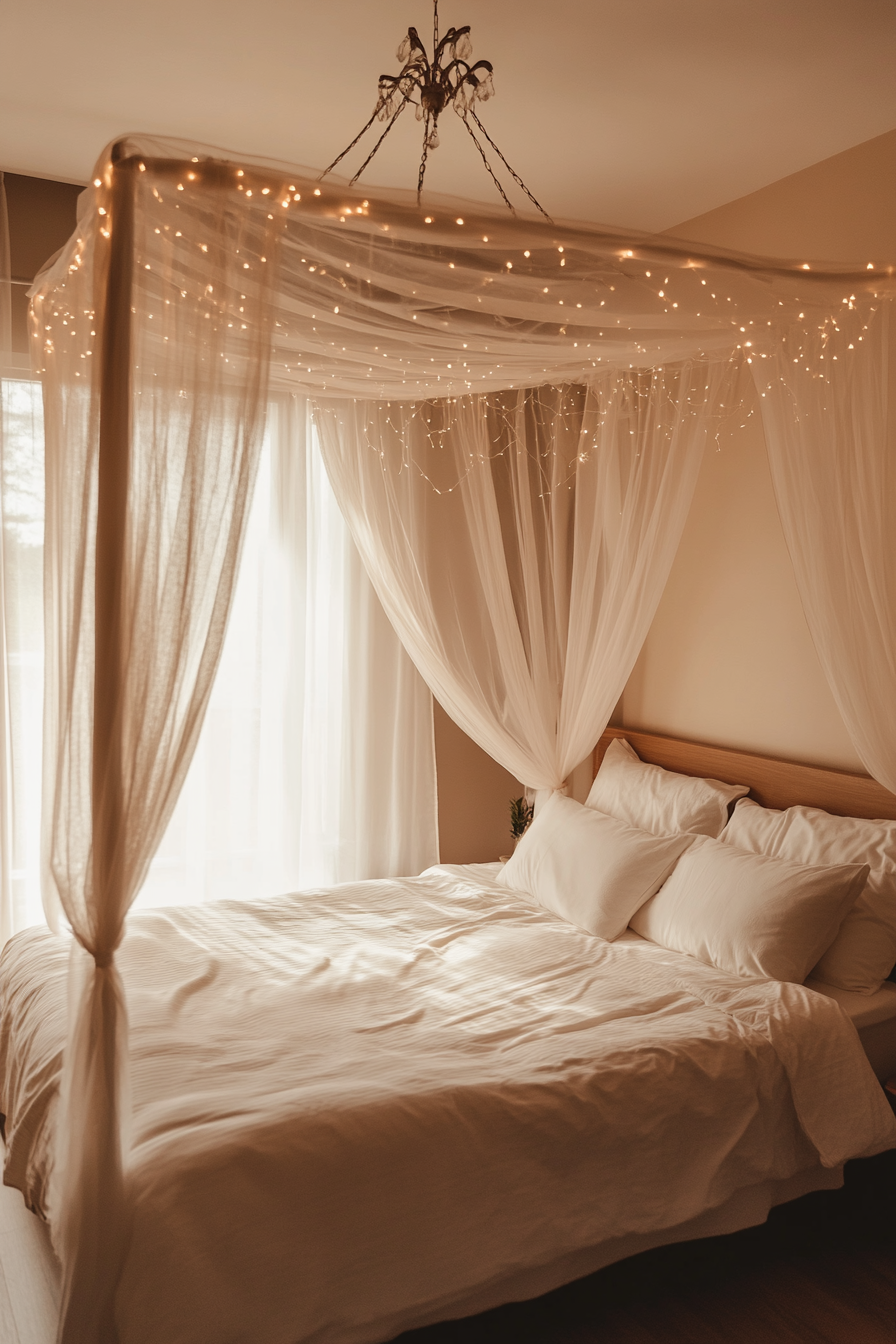 Bedroom with a luxurious canopy bed and sheer curtains